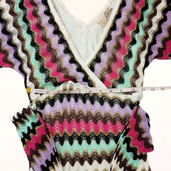 Guess Vintage Zig Zag Stretchy Metallic Gold Knit Fabric Belt Mini Dress Size S - Picture 14 of 16